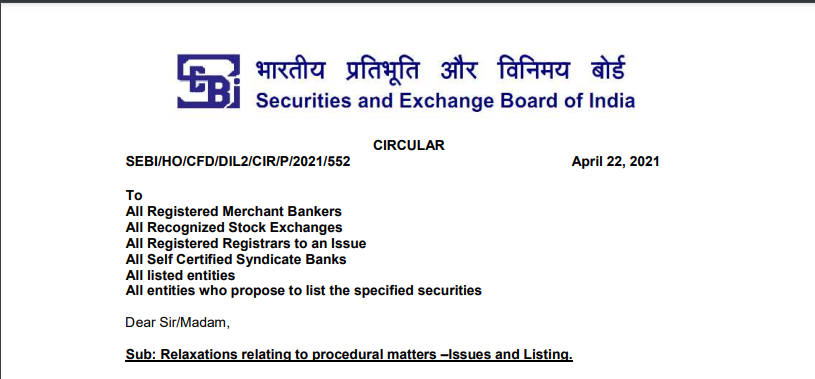 Relaxations relating to procedural matters –Issues and Listing: SEBI