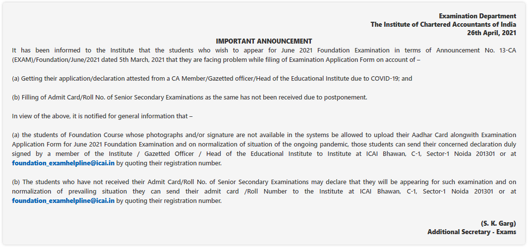 Important Announcement by ICAI: CA Foundation Examination June 2021