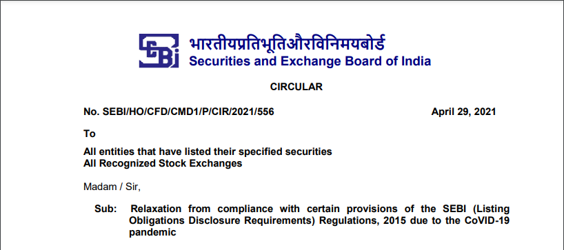 SEBI Relaxes compliance with LODR Regulations due to the CoVID-19 pandemic.