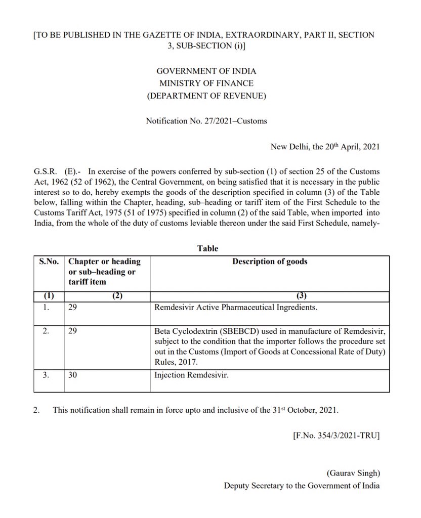 Notification No. 27/2021–Customs