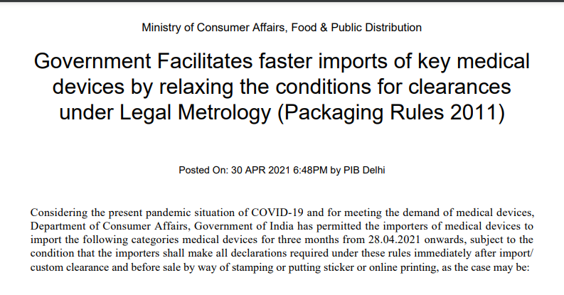 Government Facilitates Faster Imports of Key Medical Devices by Relaxing Clearance Conditions Due to Surge in COVID-19 Cases.