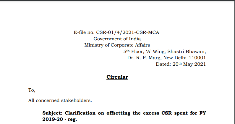 Clarification on offsetting the excess CSR spent for FY 2019-20