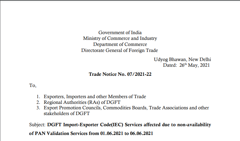 Trade Notice No. 07/2021-22