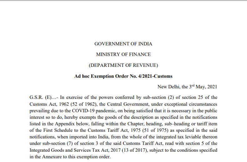 Ad hoc Exemption Order No. 4/2021-Customs