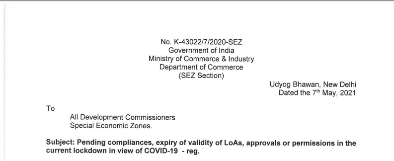 Pending compliances, expiry of validity of LoAs, approvals or permissions in the current lockdown in view of COVID-19.