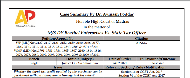 Madras HC Order in the case of M/S DY Beathel Enterprises Vs. State Tax Officer