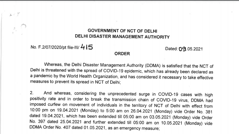Extension of curfew, on movement of Individuals (except for essential activities/services as already stipulated in DDMA Order No. 381 and 397) in the territory of NCT of Delhi, till 5AM on 17.05.2021: DDMA.
