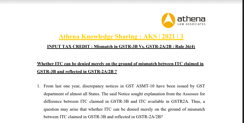 INPUT TAX CREDIT: Mismatch in GSTR-3B Vs. GSTR-2A/2B: Rule 36(4).