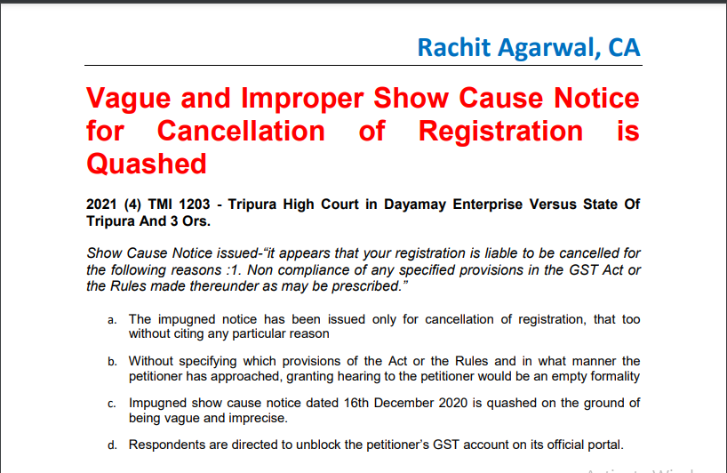 Vague and Improper Show Cause Notice for Cancellation of Registration is Quashed