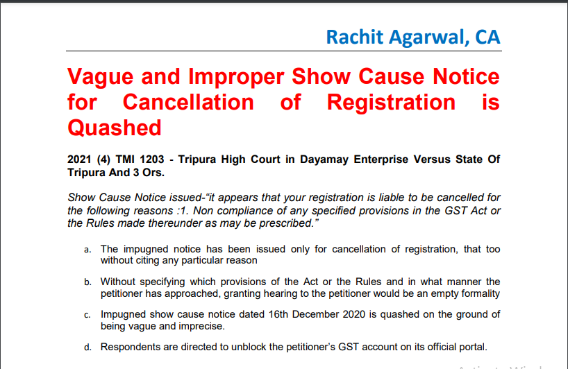 Vague and Improper Show Cause Notice for Cancellation of Registration is Quashed 