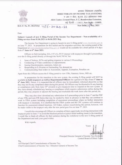 Launch of e-filing Portal of the Income Tax Department - Non-availability of e-Filing services from 01.6.2021 to 6.06.2021