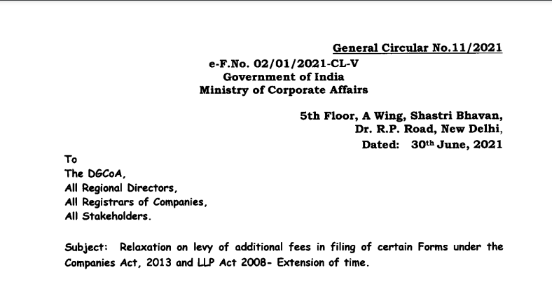 MCA Relaxes the Additional Fee on Filing of Certain Forms under Co. Act, 2013/LLP Act, 2008