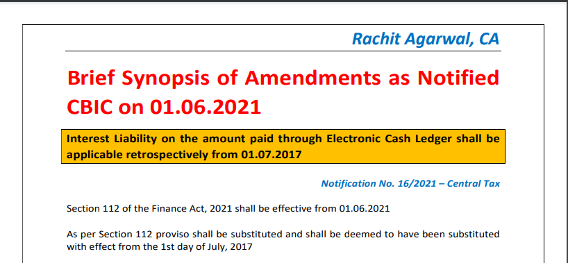 Brief Synopsis of Amendments as Notified CBIC on 01.06.2021.