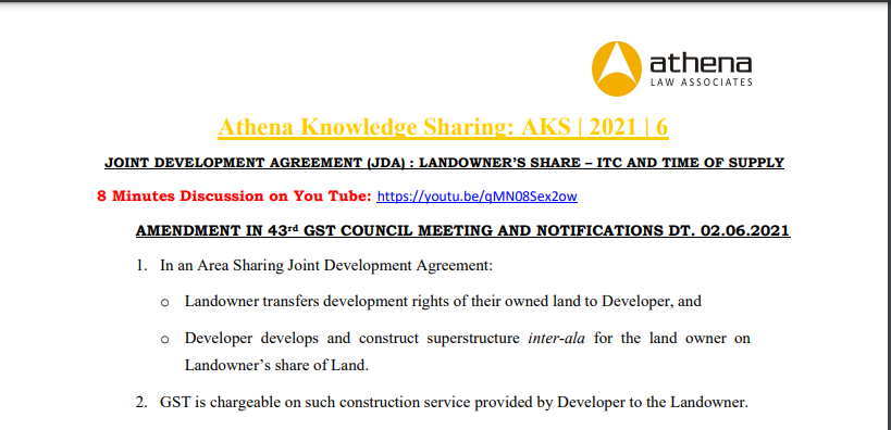 Joint Development Agreement (JDA): Landowner’s Share – ITC And Time of Supply.