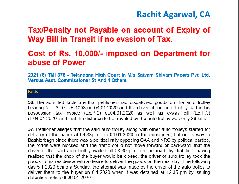 Tax/Penalty not Payable on account of Expiry of Way Bill in Transit if no evasion of Tax.