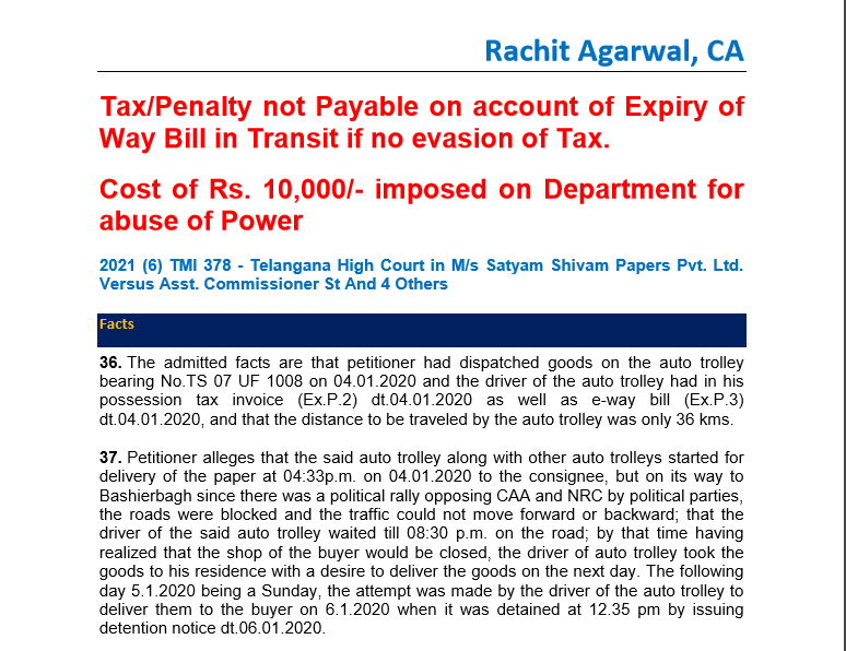 Tax/Penalty not Payable on account of Expiry of Way Bill in Transit if no evasion of Tax. 