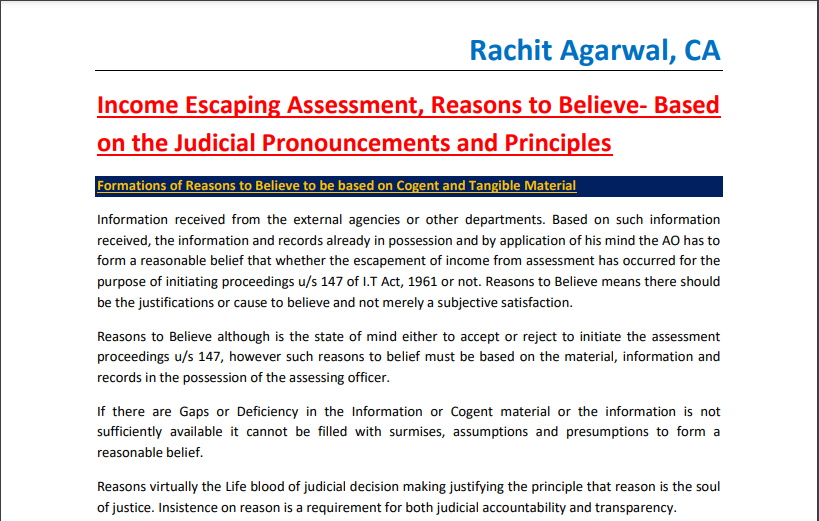 Income Escaping Assessment, Reasons to Believe- Based on the Judicial Pronouncements and Principles.