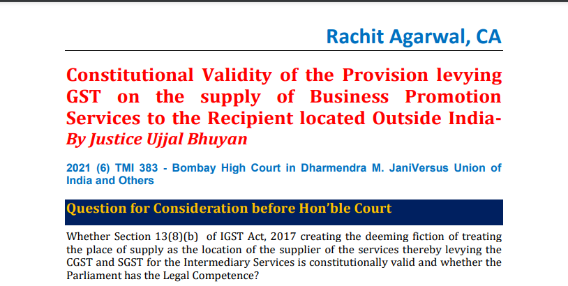 Constitutional Validity of the Provision levying GST on the supply of Business Promotion Services to the Recipient located Outside India