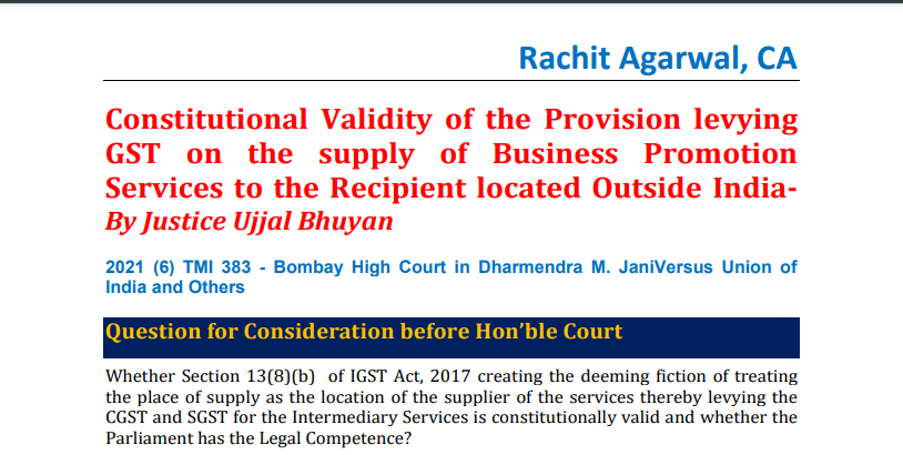 Constitutional Validity of the Provision levying GST on the supply of Business Promotion Services to the Recipient located Outside India 