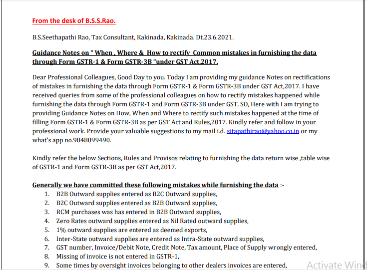 Guidance Notes on “When, Where & How to rectify Common mistakes in furnishing the data through Form GSTR-1 & Form GSTR-3B “under GST Act 2017.
