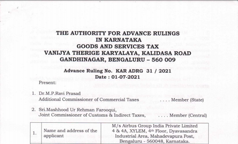 Karnataka AAR Ruling in the case of Airbus Group India Private Limited