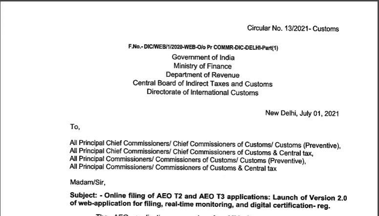 Online filing of AEO T2 and AEO T3 applications: CBIC 