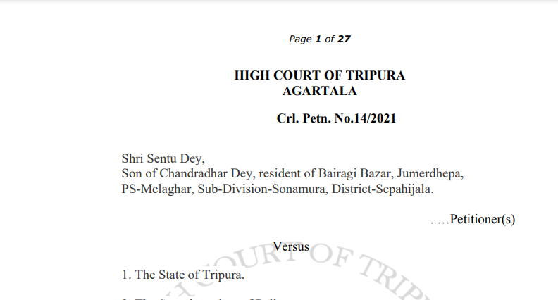 Tripura HC Order in the case of Shri Sentu Dey Versus The State of Tripura