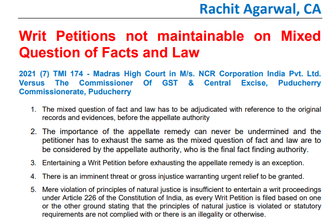 Writ Petitions not maintainable on Mixed Question of Facts and Law