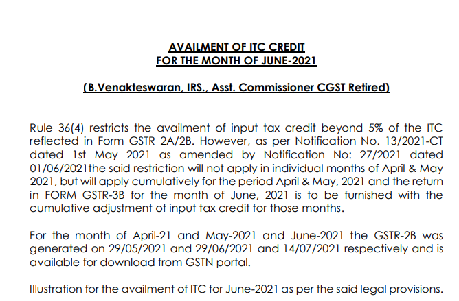 Availment of ITC Credit For The Month of June, 2021