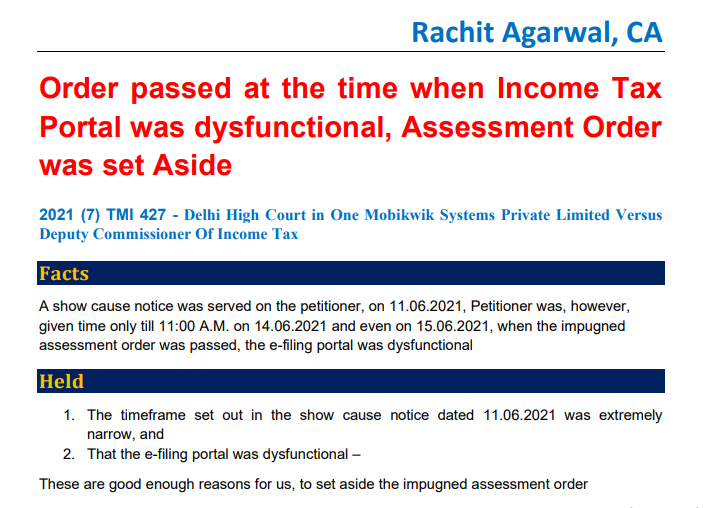 Order passed at the time when Income Tax Portal was dysfunctional, Assessment Order was set Aside