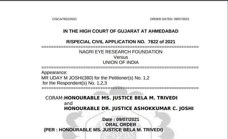 Gujarat HC Order in the case of Nagri Eye Research Foundation Versus Union Of India