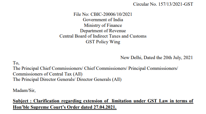 Circular No. 157/13/2021-GST