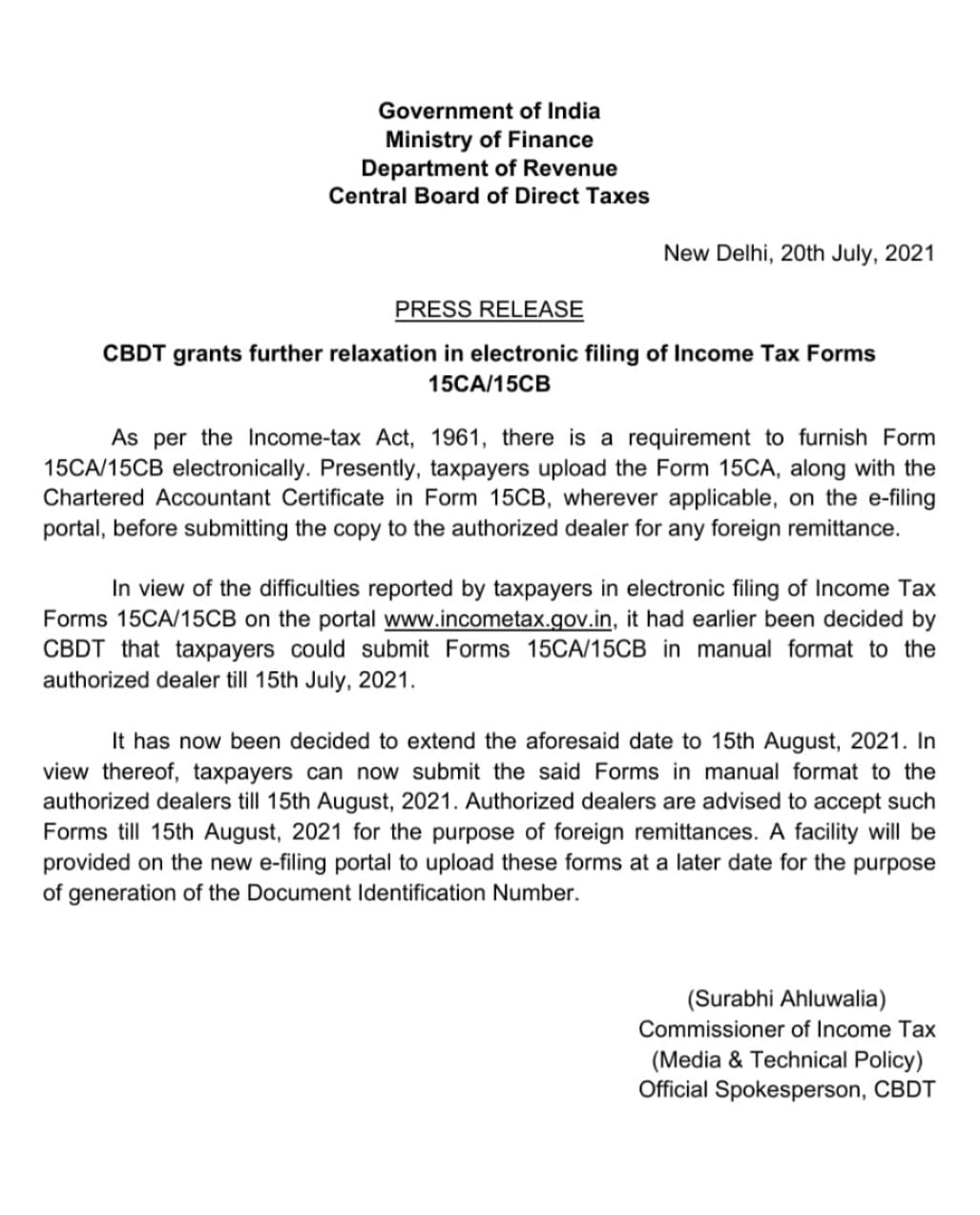 CBDT grants further relaxation in electronic filing of Income Tax Forms 15CA/15CB