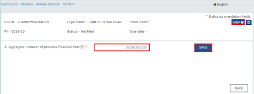 now the gstr-4 annual return will display on-page. here you will have to enter the aggregate turnover of previous fy & click save